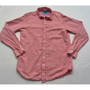 Banana Republic red check long sleeve button up shirt slim fit Linen Blend sz. M